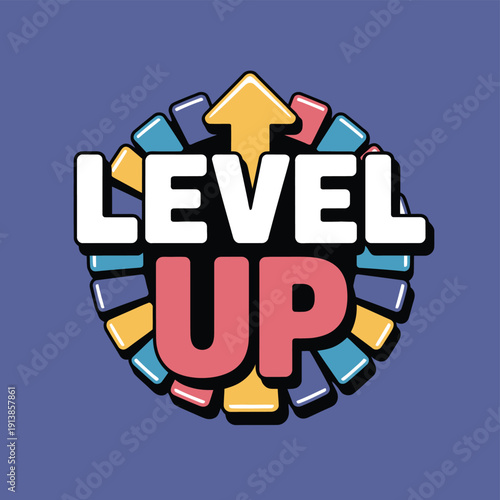 Level up circular badge features bright colorful blocks and upward.