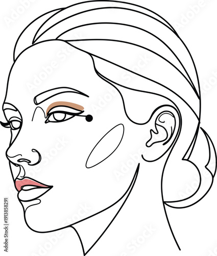 Minimalist continuous line art drawing depicting a stylish woman's profile with soft makeup accents and an elegant updo hairstyle