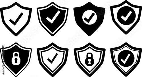 Shield security icon set collection. Shield security icon with check mark and lock sign. Shield icon. shield protection symbols. Eight shield icons set. Set of vector shield icons collection