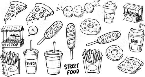 Hand-drawn doodle street food collection featuring pizza, french fries, donuts, corn dogs, hot and cold drinks, and charming food stalls in a black and white sketch style.