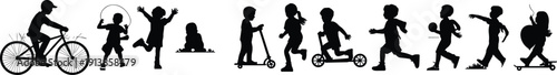 Children, silhouettes, playing, activities, childhood, fun, outdoor, lifestyle, kids, movement, recreation, development, learning, growth, playful, vector, sequence, design, flat, illustration
