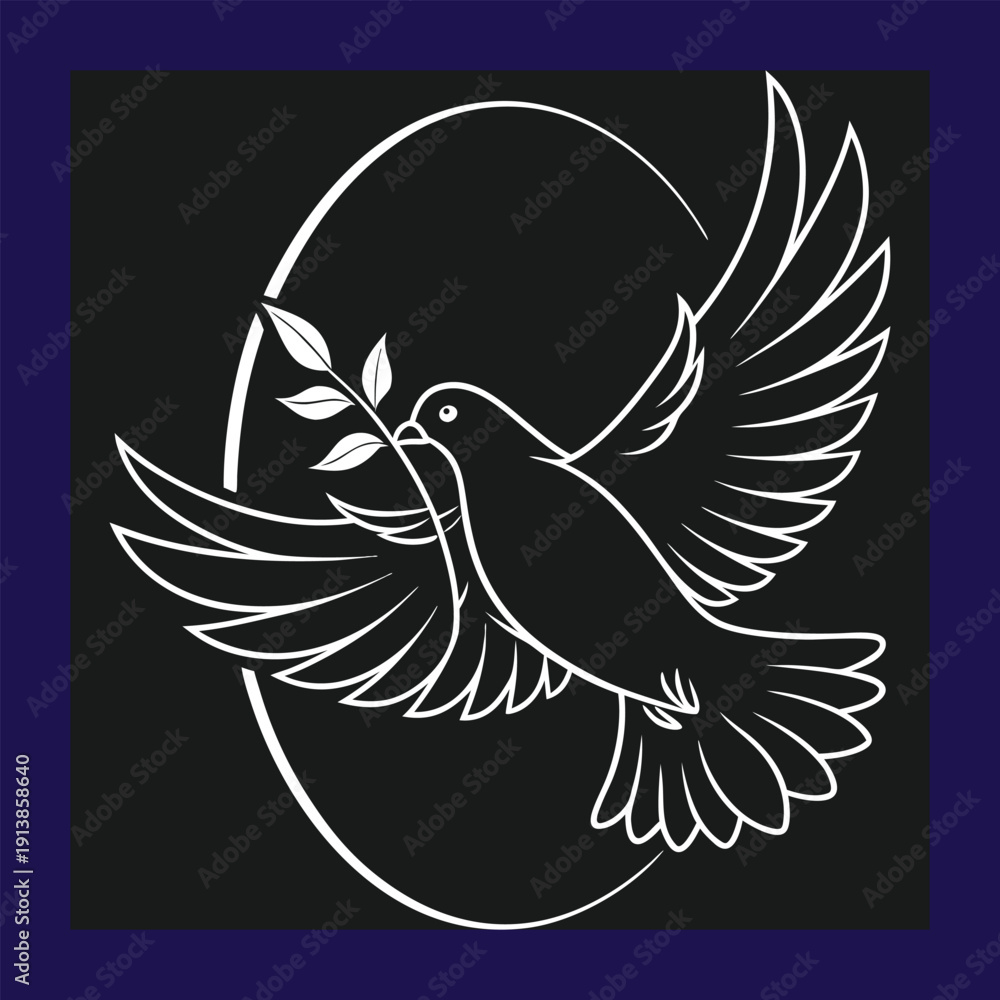 Obraz premium Elegant Dove Symbol With Olive Branch, Peaceful Flight Icon, Harmony Design Element, White On Black