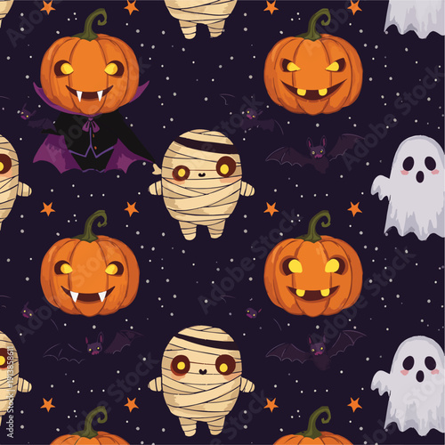 Adorable Halloween-themed pattern with pumpkins, mummies, ghosts, and bats on a dark background