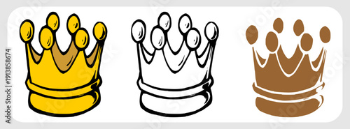 Set of Three Royal Crown Icons. Collection of Golden and Silver Crowns for Authority and Luxury Design.