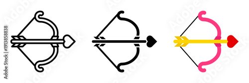 Cupid arrow icon set. Three stylized bow and arrow icons with heart-shaped tips in various colors.for mobile concept and web design. vector illustration