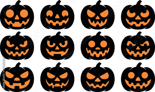 Set of spooky Halloween pumpkin faces vector illustration collection with scary jack o lantern expressions isolated on white background