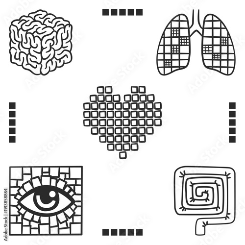 Geometric abstract human organ icon set with brain heart lungs eye and intestine