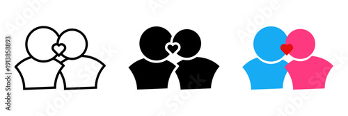 Kiss icon set. Three simple icons of couples kissing, expressing love and romance in minimalistic style.for mobile concept and web design. vector illustration