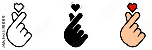 korean heart icon set. Illustration of a hand gesture showing a finger heart sign in three styles.