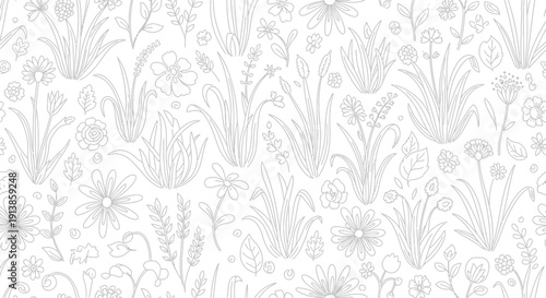 Delightful seamless pattern featuring charming hand drawn doodle wildflowers and various leafy meadow grasses presented in simple black line art outlines suitable for coloring