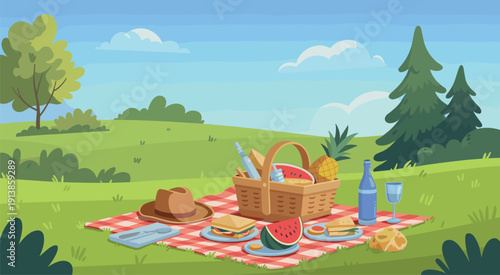 Summer picnic scene vector illustration with basket food watermelon sandwiches and blanket in sunny park landscape