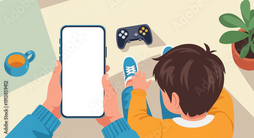 Person holding phone, gaming controller, cup, and plant on table