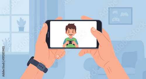 Person holding phone showing a smiling boy playing video game