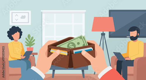 Person holding wallet with cash and cards, while couple relaxes with laptops in background