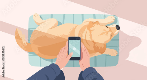 Person holding smartphone taking picture of a relaxed golden retriever on mat