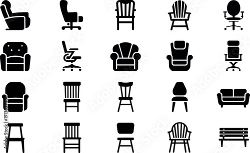 Chair and armchair icons set vector illustration with office lounge dining and outdoor seating silhouettes collection