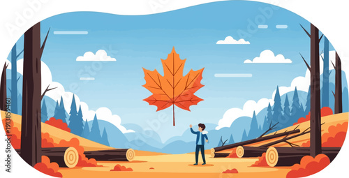 Person in a forest clearing holding up a large autumn leaf