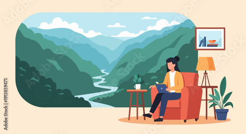 Person in armchair with laptop, overlooking serene mountain valley view