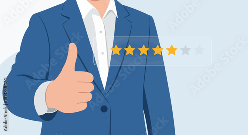 Person in blue suit gives thumbs up with a four-star rating displayed