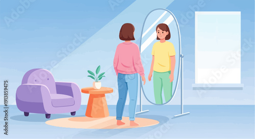 Person in casual clothes gazes at reflection in a large oval mirror