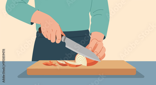 Person in apron chopping an onion on a wooden cutting board