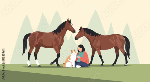 Person with horse and cat enjoying serene mountainous scenery