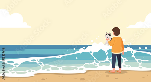 Person in orange sweater holds dog on a beach with gentle waves under a cloudy sky