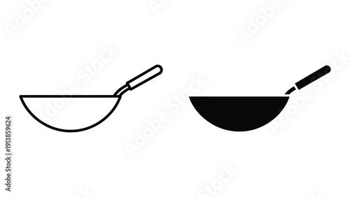 Black and white illustration of two woks