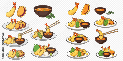 Set of delicious tempura shrimp and vegetable dishes with dipping sauce, vector illustration.