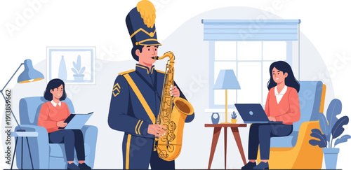 Person in uniform plays saxophone while others relax and work