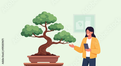 Person with phone admires a potted bonsai tree and art