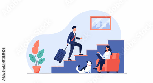 Person with luggage ascends stairs while another works on laptop