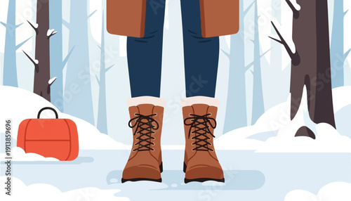 Person in warm winter boots and coat stands in a snowy forest with a red bag