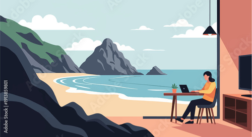 Person working on laptop at desk overlooking a serene beach and ocean landscape