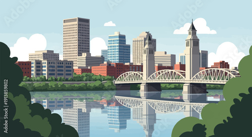 Pixelated cityscape with bridge over water and reflections under sky