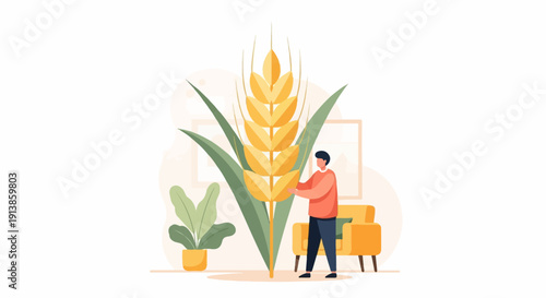 Person interacts with large wheat stalk in a home setting with plants