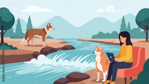 Person working on laptop beside a river with two dogs, scenic mountains