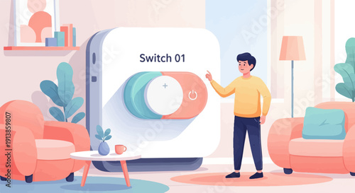 Person interacts with a large touch screen displaying a toggle switch in a modern room