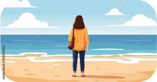 Person looking at the ocean from a sandy beach under a cloudy sky