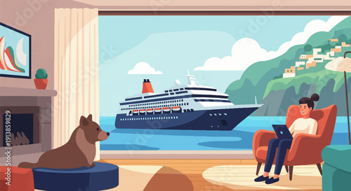 Person working on laptop by a large window overlooking a cruise ship and coastal town