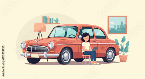 Person working on laptop beside vintage car in room with plants and cityscape