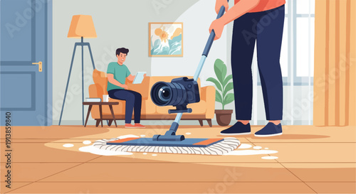 Person mopping a spill while another person relaxes with a tablet