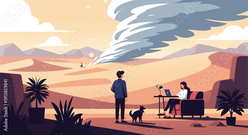 Pixelated desert scene with people working and a distant tornado threatening