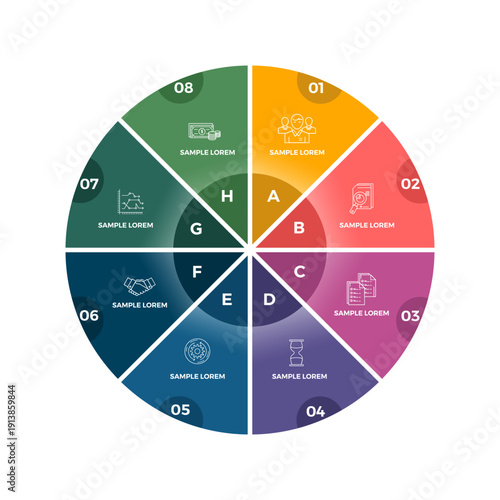 Vector circle infographic template for graphs, charts, diagrams. Pie chart concept with 8 options, parts, steps, processes. vector editable 