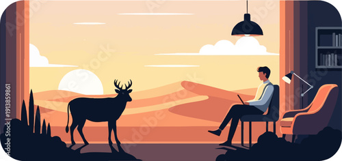 Person working on laptop by window with deer and desert landscape at sunset