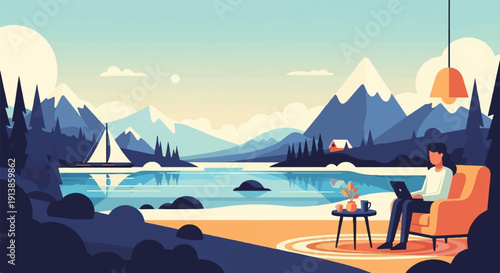 Person working on laptop from cozy armchair with scenic mountain lake view