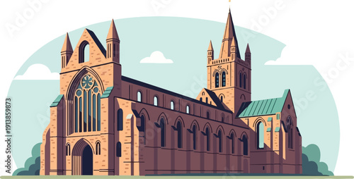 Pixelated gothic cathedral with spires against a soft blue sky