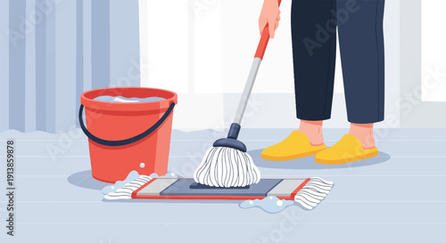Person mopping a tiled floor with a red bucket of water nearby