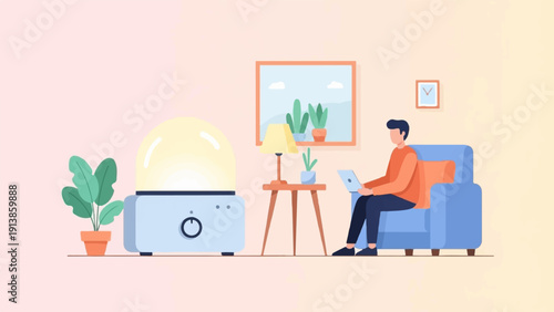 Person working on laptop in a room with plants and a humidifier