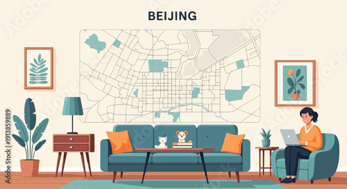 Person working on laptop in a living room with a map of Beijing on wall